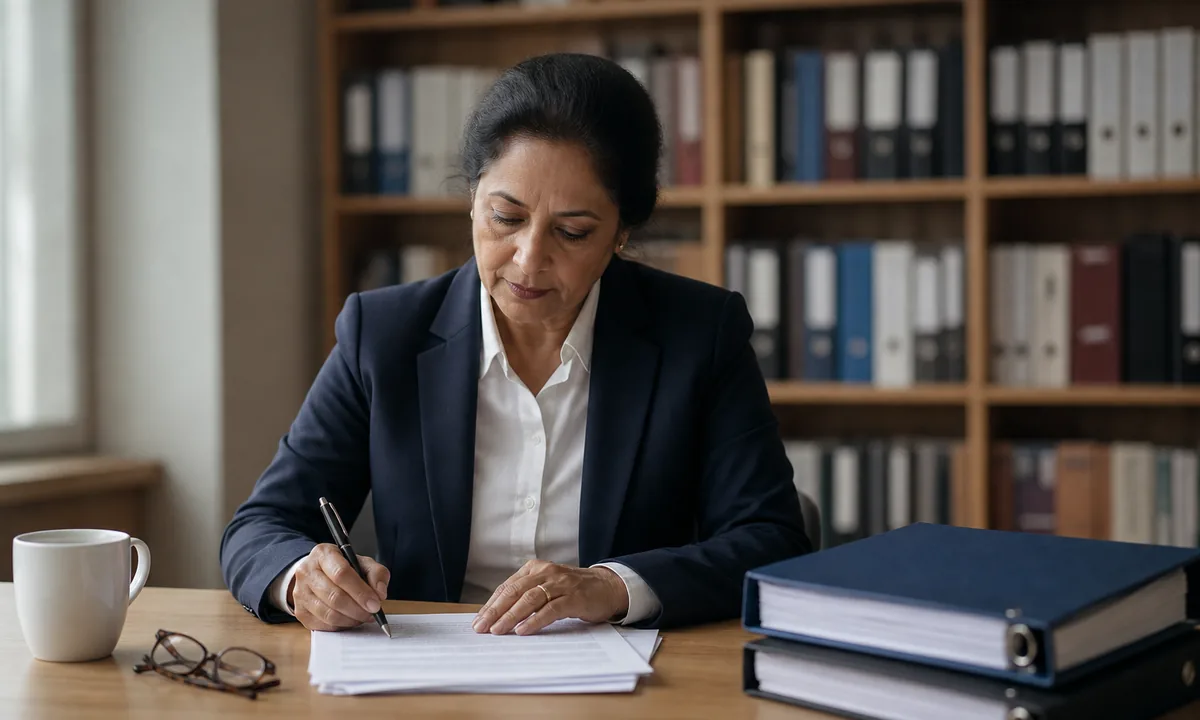 Juriste annotant un document réglementaire à son bureau devant des classeurs d'archives