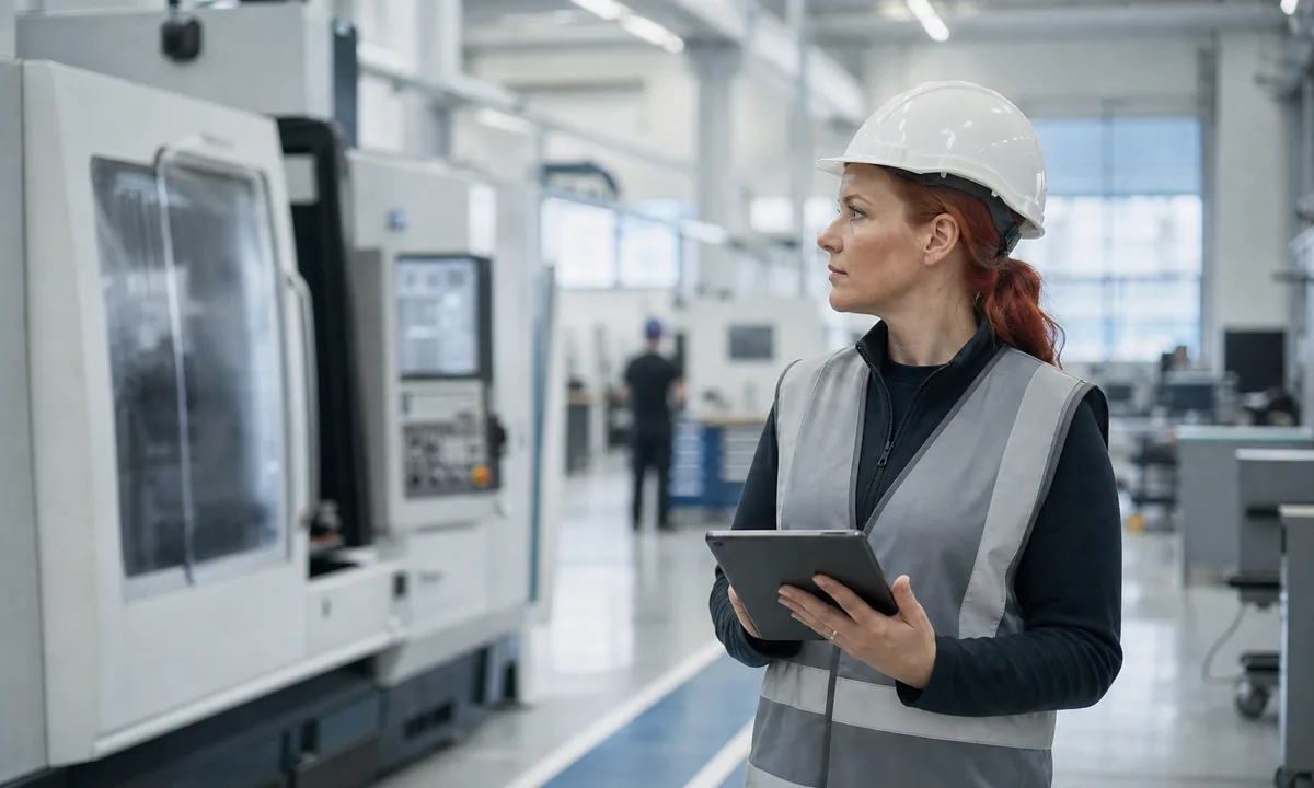 Technicienne en casque et gilet de sécurité contrôlant une ligne de production sur tablette