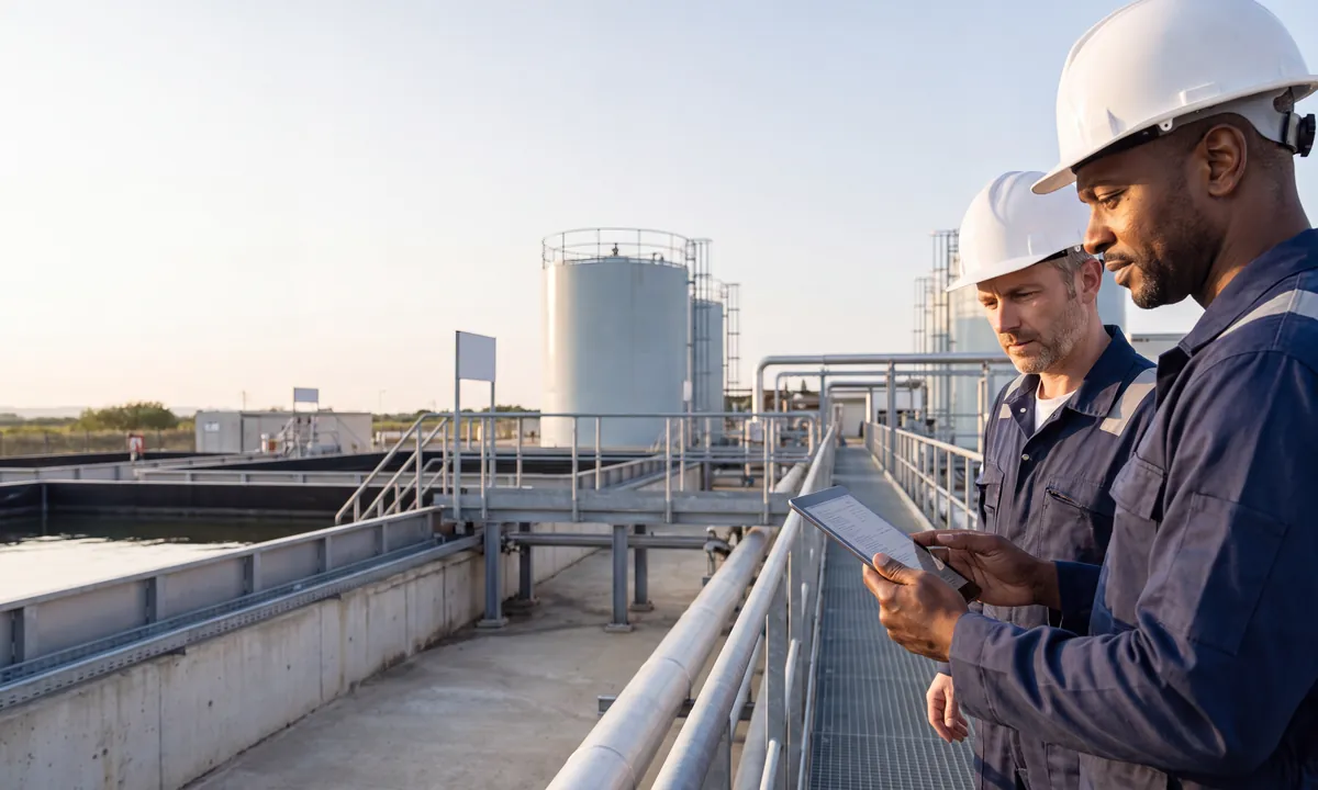Deux techniciens inspectant des installations industrielles et des cuves de stockage
