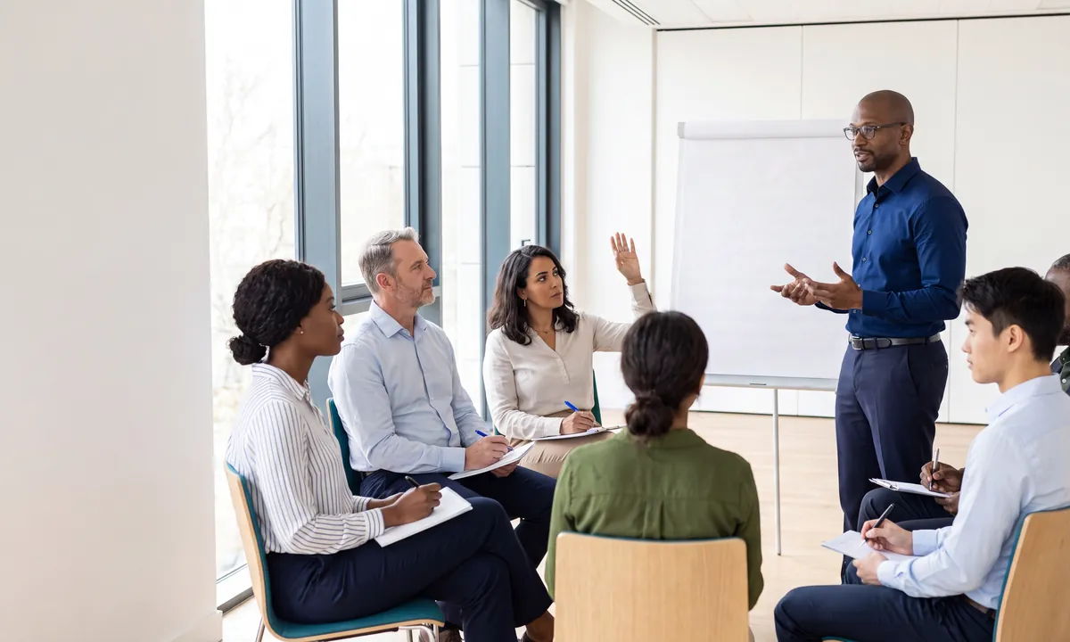 Formateur animant une session devant un groupe de participants en salle
