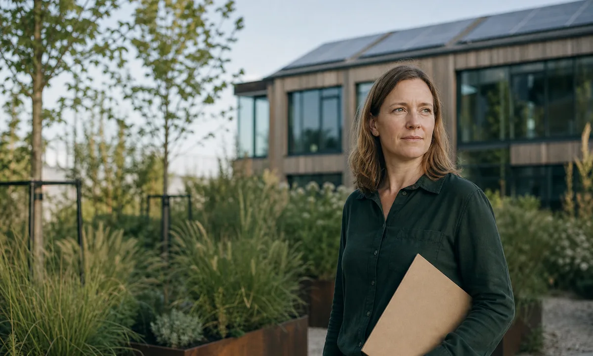 Consultante devant un bâtiment tertiaire à ossature bois équipé de panneaux solaires